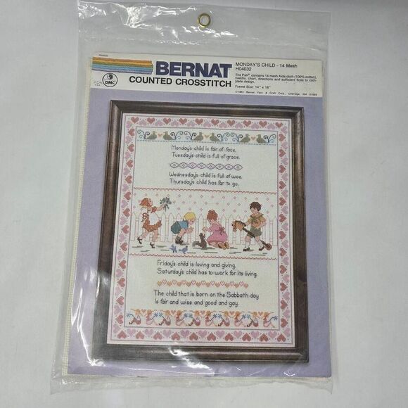 MONDAYS CHILD COUNTED CROSS STITCH KIT BY BERNAT 14 MESH H04032 14" X 18" - Picture 1 of 4